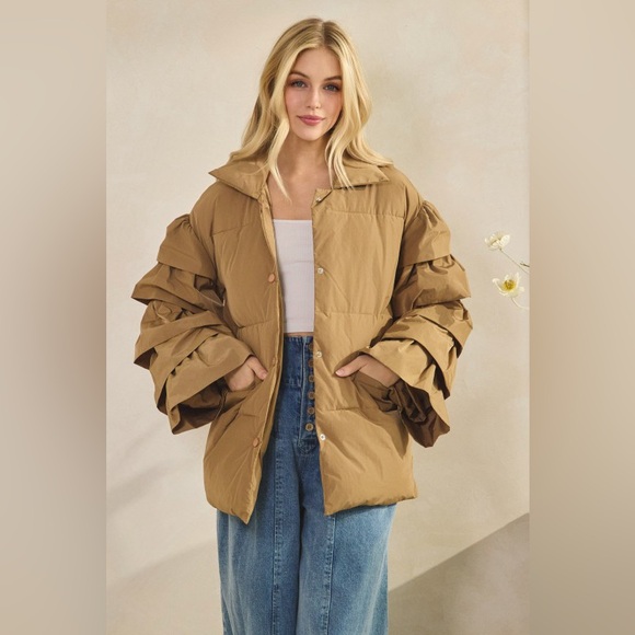 Ruffle Mocha Puffer Jacket - Picture 1 of 6